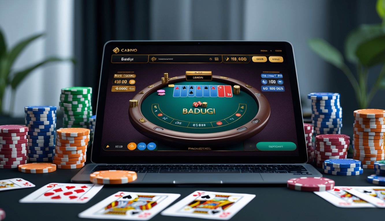 Seseorang menggunakan laptop dengan tampilan permainan kartu Badugi online, dikelilingi chip poker dan kartu remi di meja.