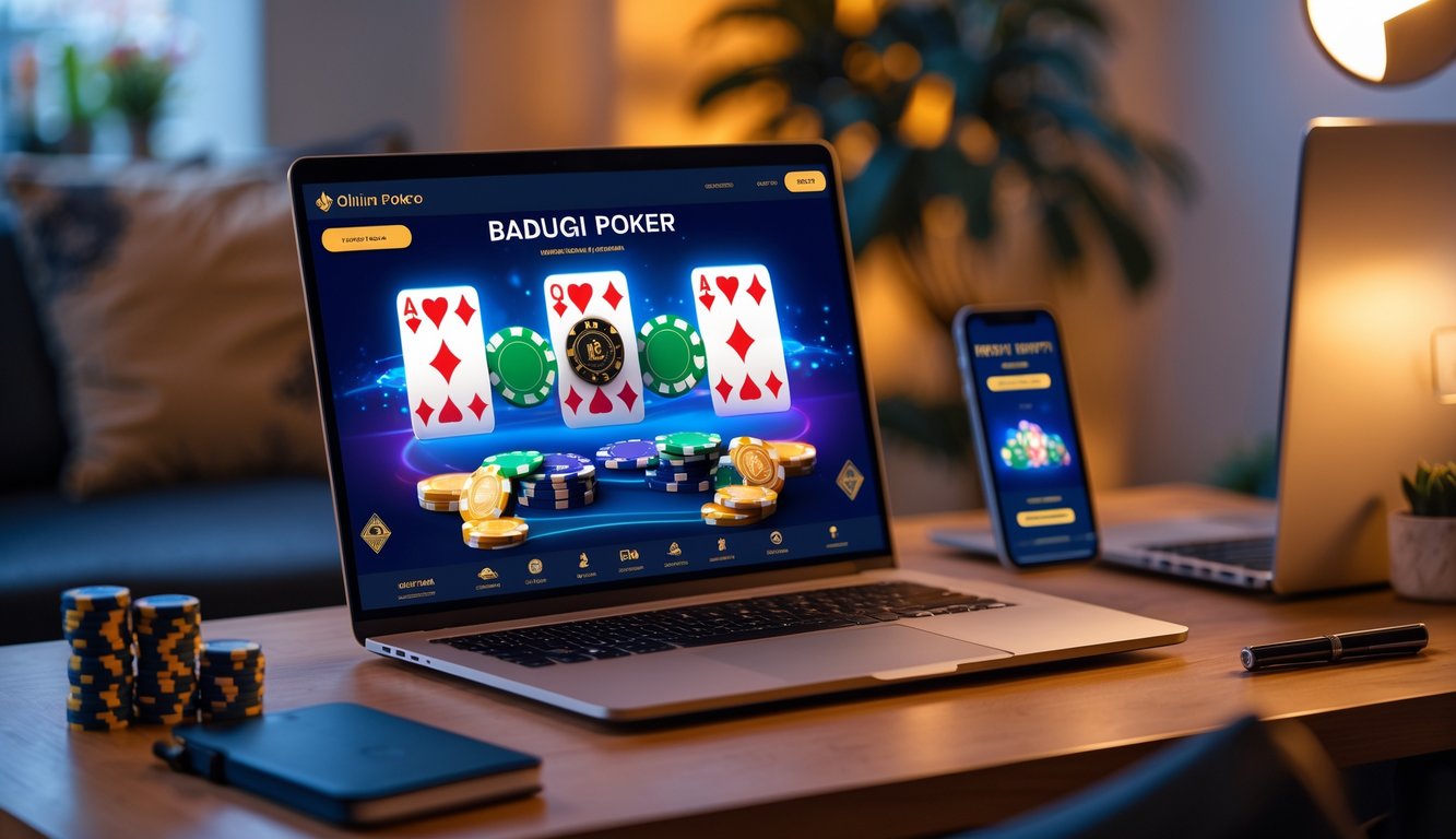 Seorang pemain menggunakan laptop dengan tampilan permainan poker Badugi online, di meja terdapat chip poker dan ponsel dengan aplikasi kasino, suasana ruangan nyaman dan terang.