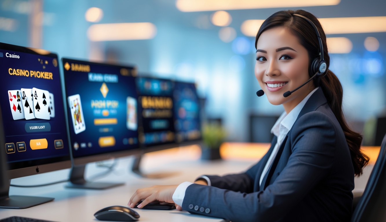 Seorang perwakilan layanan pelanggan kasino online yang ramah sedang duduk di meja dengan beberapa monitor komputer yang menampilkan permainan Badugi.