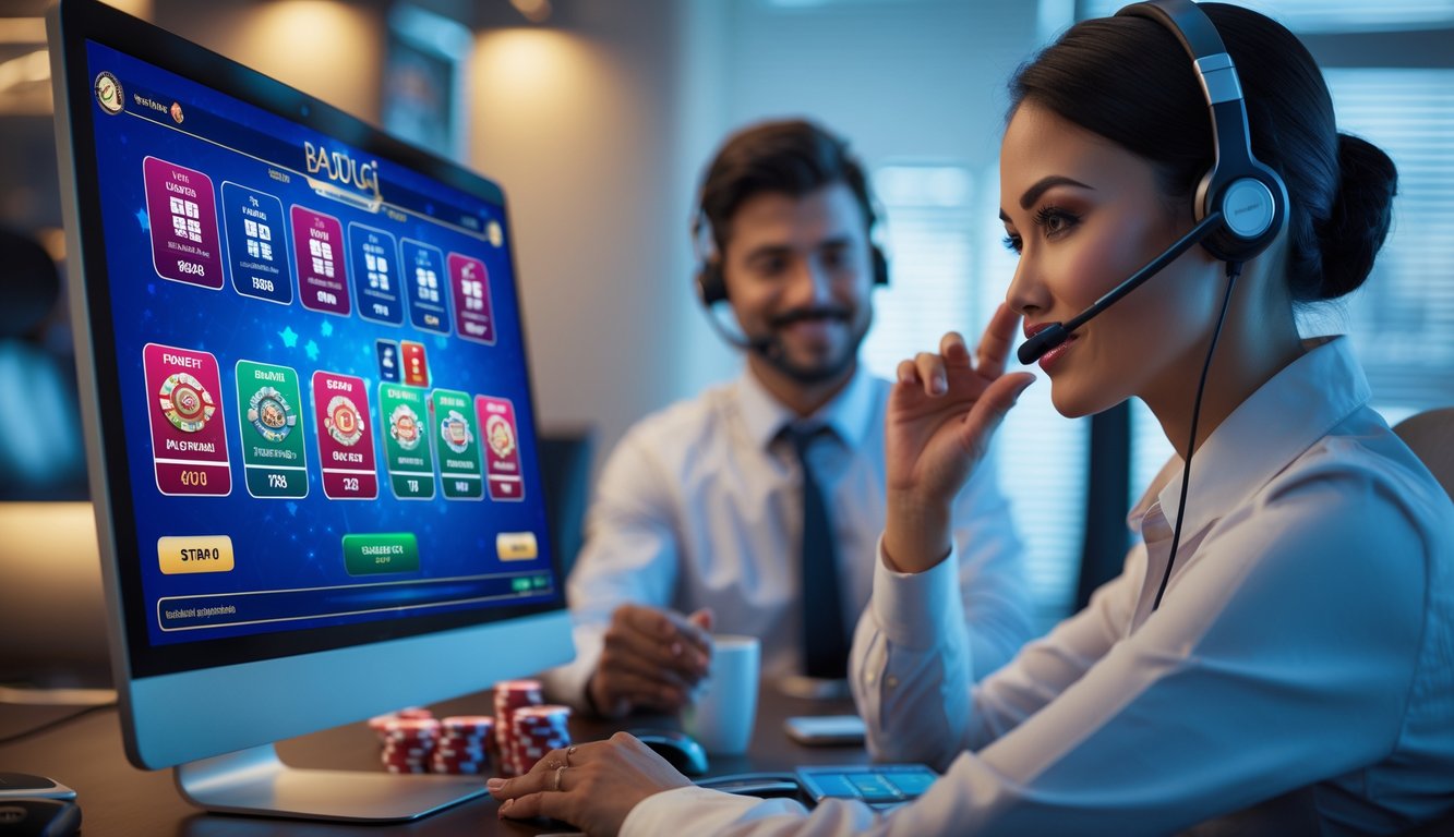 Seorang perwakilan layanan pelanggan dengan headset sedang membantu pemain di depan komputer yang menampilkan permainan Badugi kasino online.