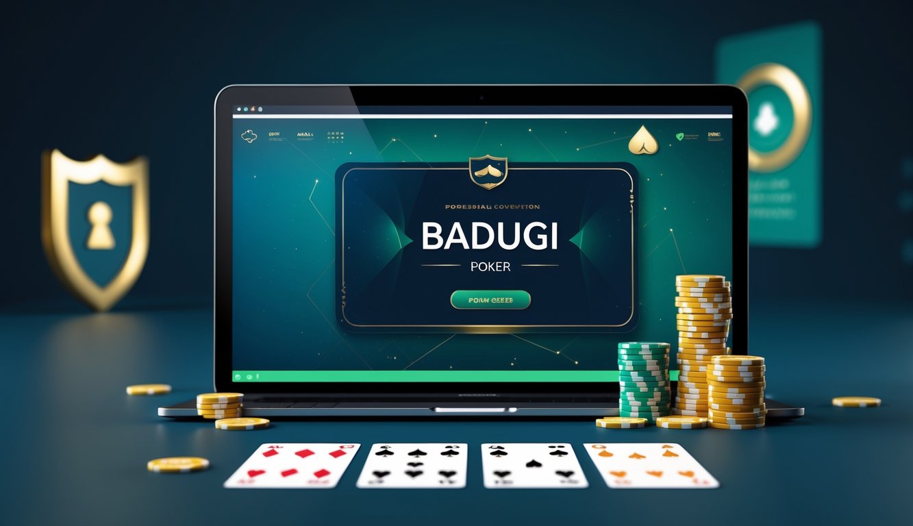 Antarmuka kasino online Badugi dengan meja poker virtual, kartu, dan chip, menampilkan suasana aman dan terpercaya.