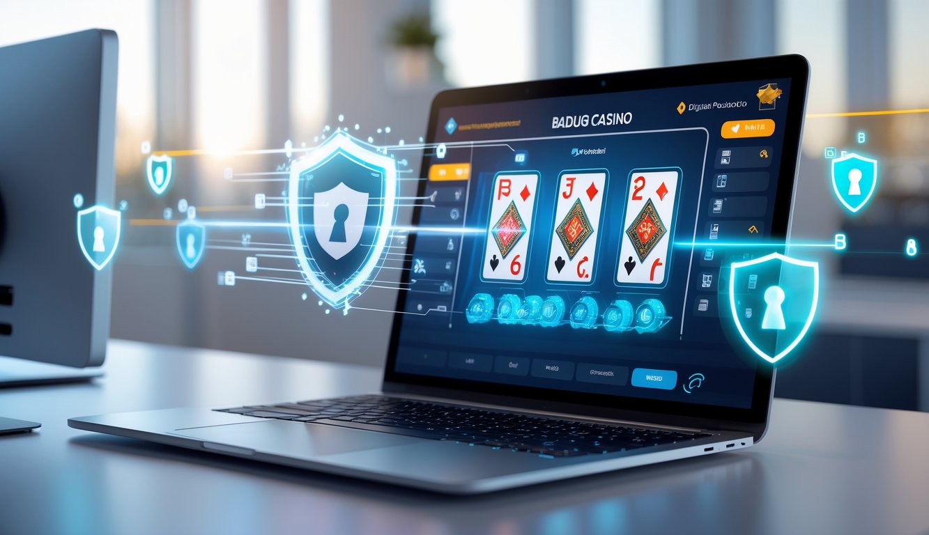 Seorang pemain menggunakan komputer dengan tampilan permainan kartu Badugi online, dikelilingi oleh simbol keamanan digital yang menunjukkan perlindungan data.