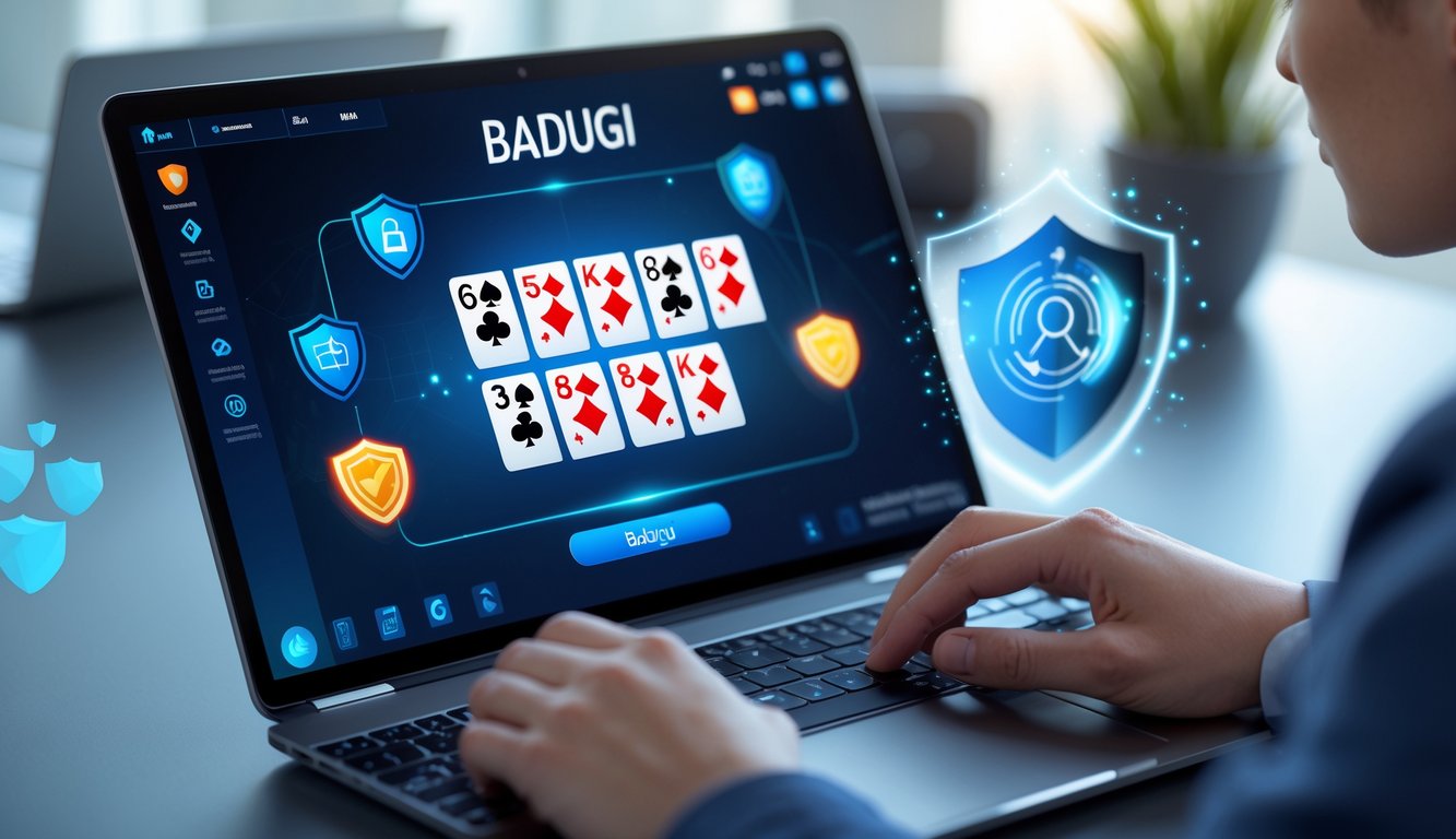 Seseorang menggunakan perangkat digital dengan tampilan permainan kartu Badugi dan simbol keamanan di latar belakang.