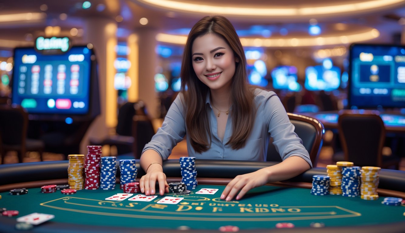 Seorang wanita muda duduk di meja kasino dengan chip poker dan kartu, terlihat fokus dan percaya diri dalam suasana kasino modern.