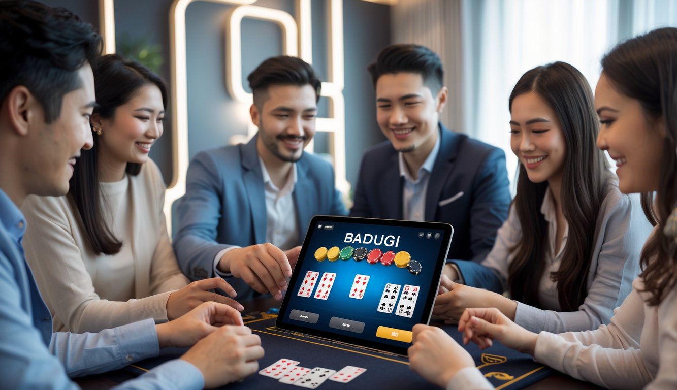 Sekelompok orang muda bermain permainan kartu Badugi secara online di ruangan yang nyaman dan terang.