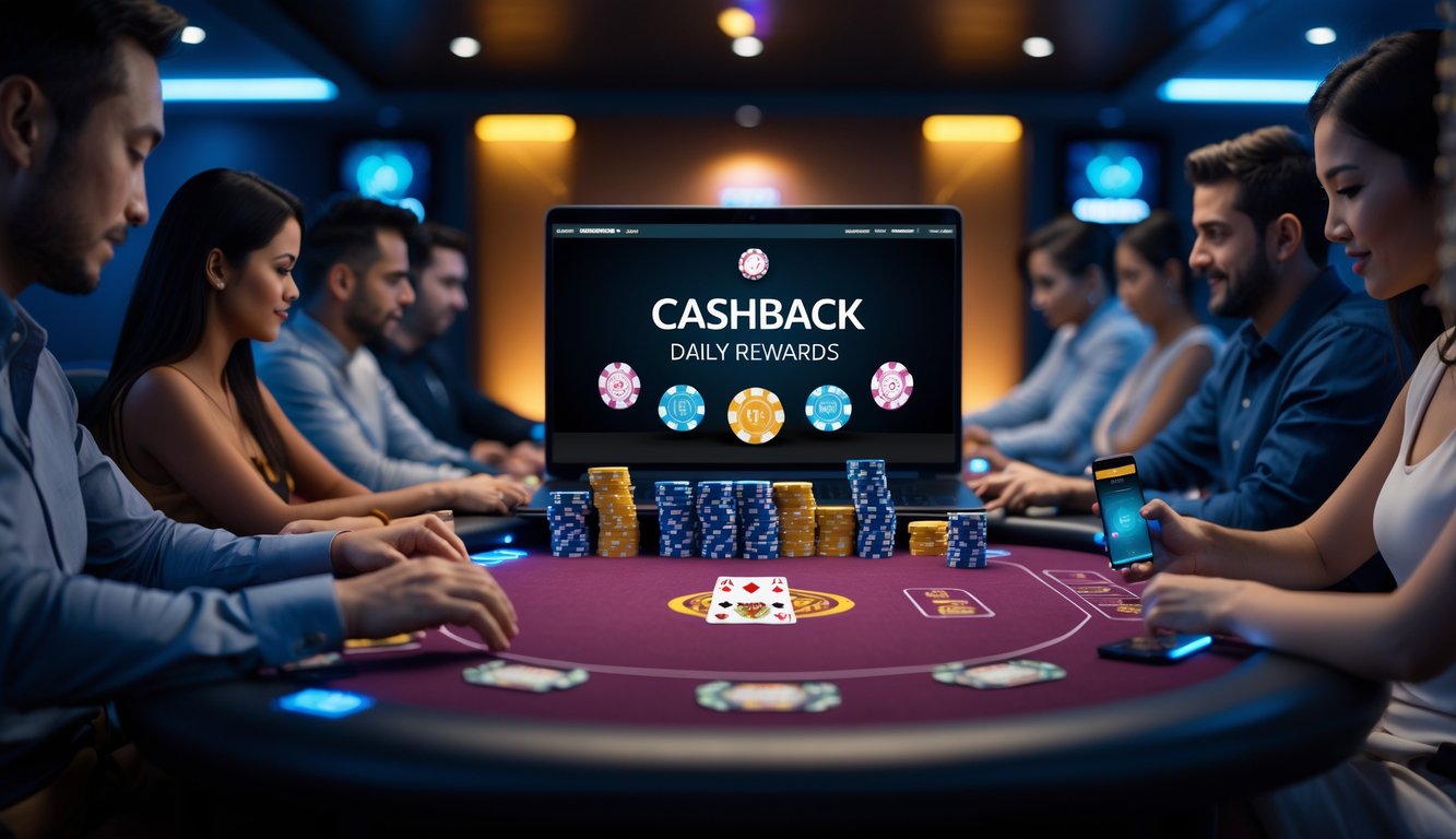 Suasana permainan kasino online Badugi dengan meja poker virtual, chip, dan pemain yang fokus menggunakan laptop dan ponsel.