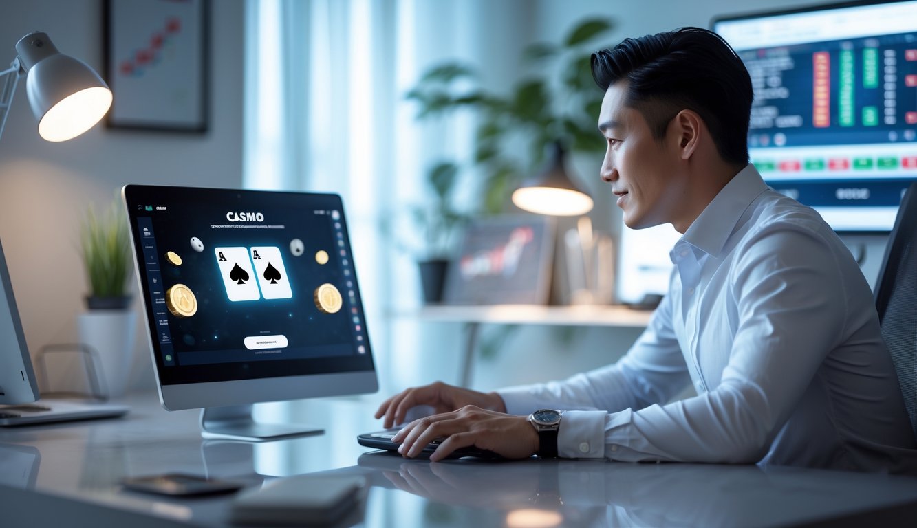 Seorang pria Asia profesional duduk di meja dengan laptop yang menampilkan permainan kasino online, di ruang kerja modern yang terang dan rapi.
