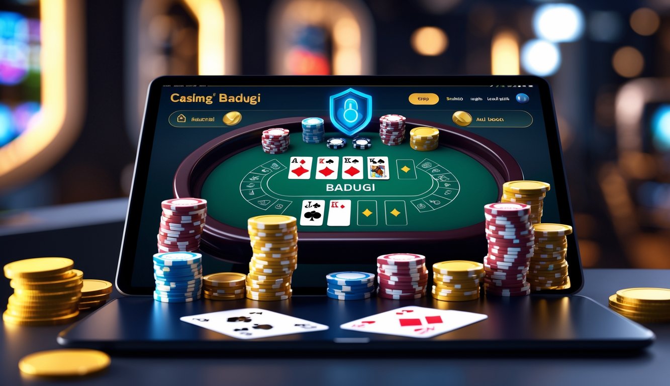 Sebuah layar komputer menampilkan permainan kartu Badugi dengan tumpukan chip dan koin emas di latar belakang, menggambarkan suasana kasino online yang terpercaya dan resmi.