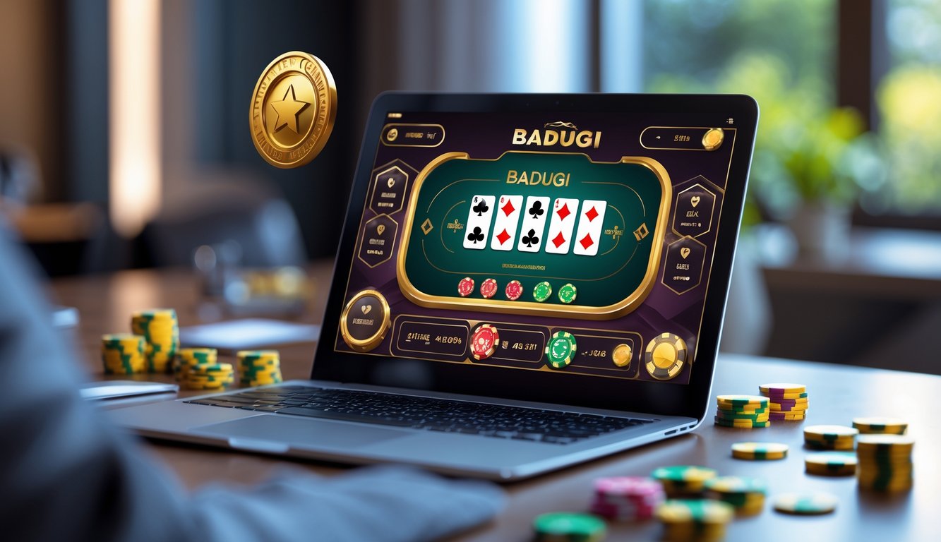 Sebuah laptop menampilkan permainan kartu Badugi online dengan tumpukan chip di meja kerja yang rapi dan pencahayaan hangat.