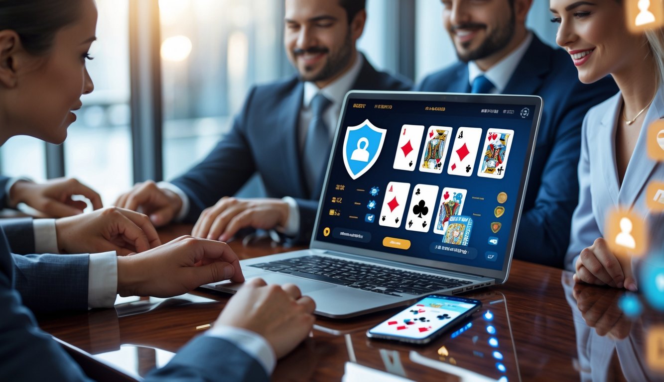 Orang-orang bermain permainan kartu Badugi di laptop dan ponsel di meja kayu dengan suasana kasino online yang aman dan terpercaya.