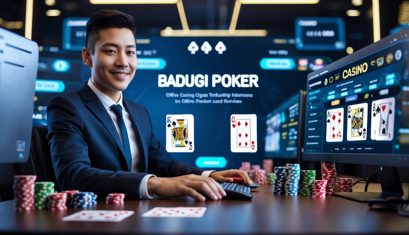 Seorang agen kasino online yang profesional duduk di depan komputer dengan tampilan permainan kartu digital dan elemen kasino di latar belakang.