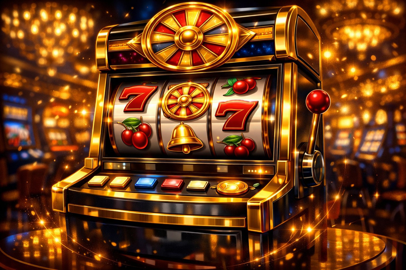 A Detailed Illustration Of A GoldenThemed Slot Machine With Spinning Reels Showing Classic Symbols In A Casino Setting.