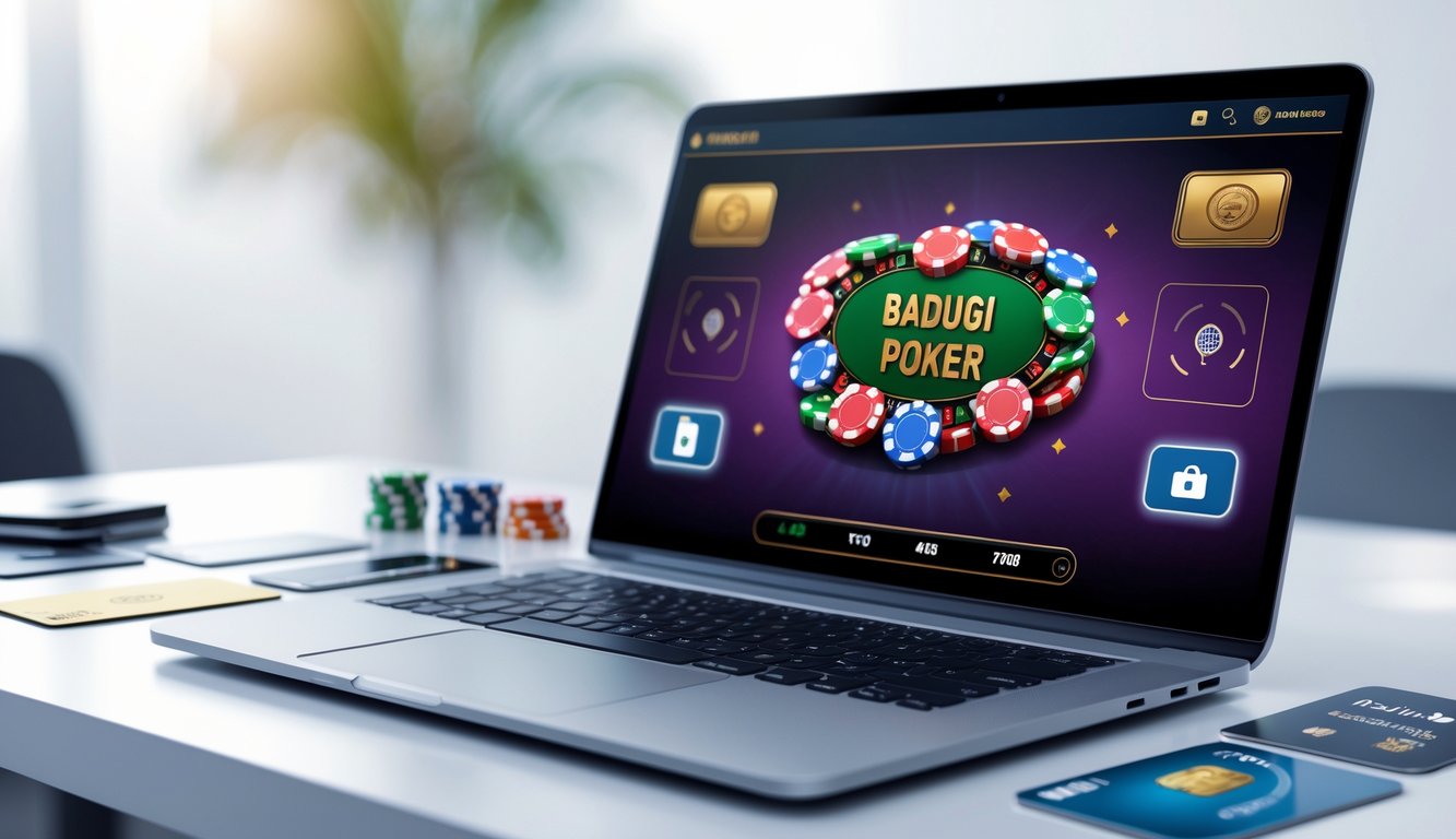 Seorang pemain menggunakan komputer dengan permainan poker Badugi online, di meja terdapat kartu, chip, dan simbol metode pembayaran digital.