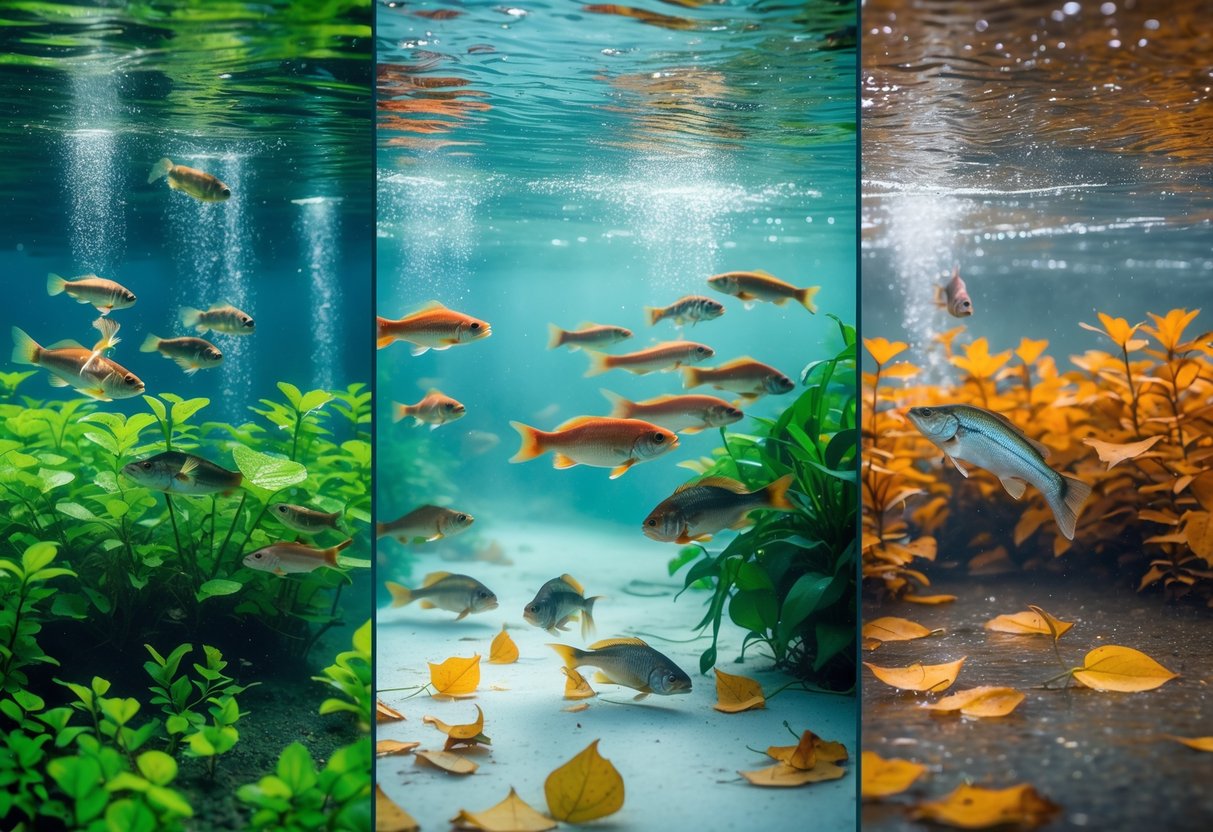 Underwater scene showing fish displaying different behaviors across the four seasons with changes in water clarity, plant life, and fish activity.