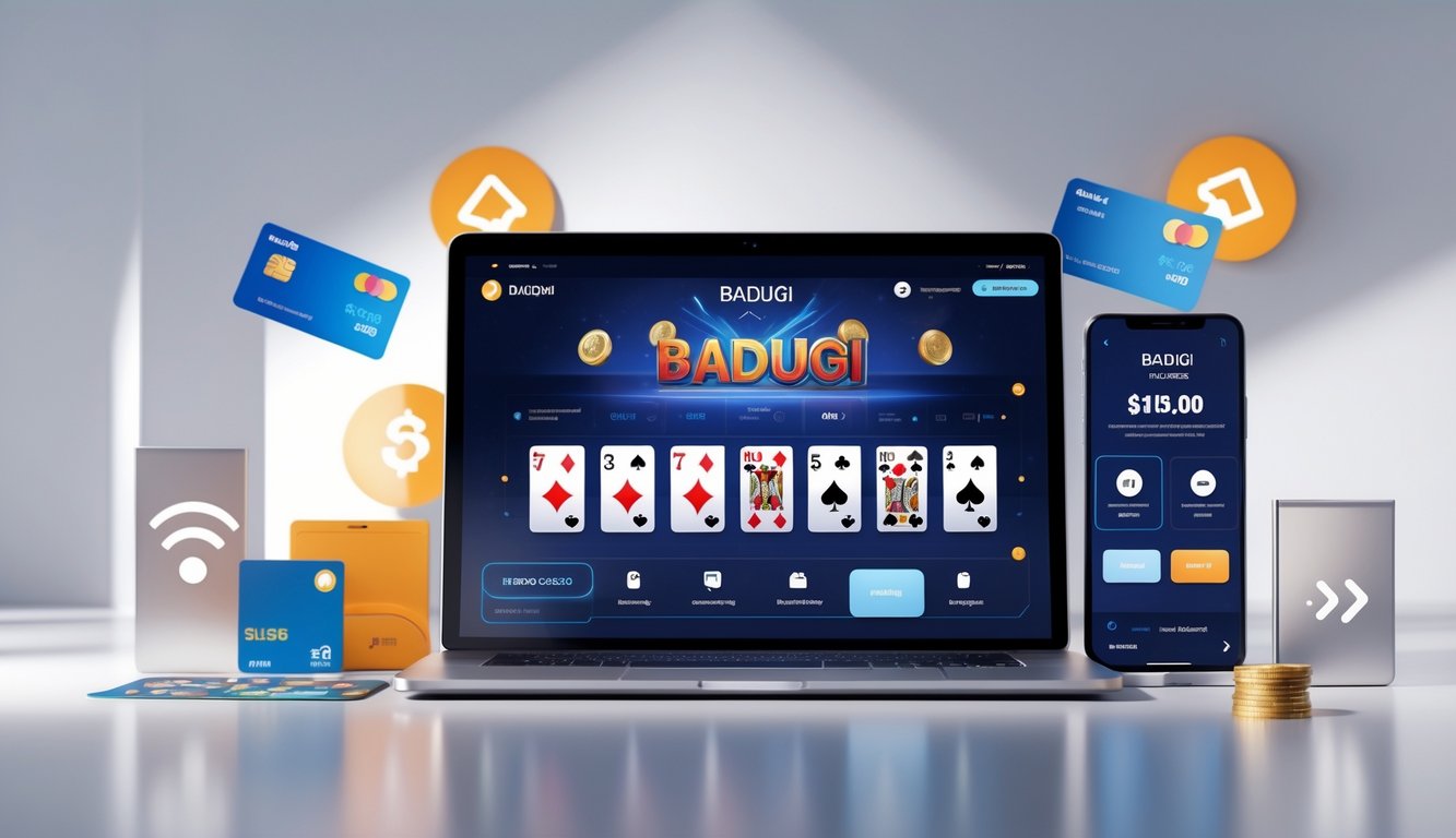 Seorang pengguna sedang bermain permainan kartu Badugi di komputer dengan berbagai metode pembayaran digital di sekitarnya.