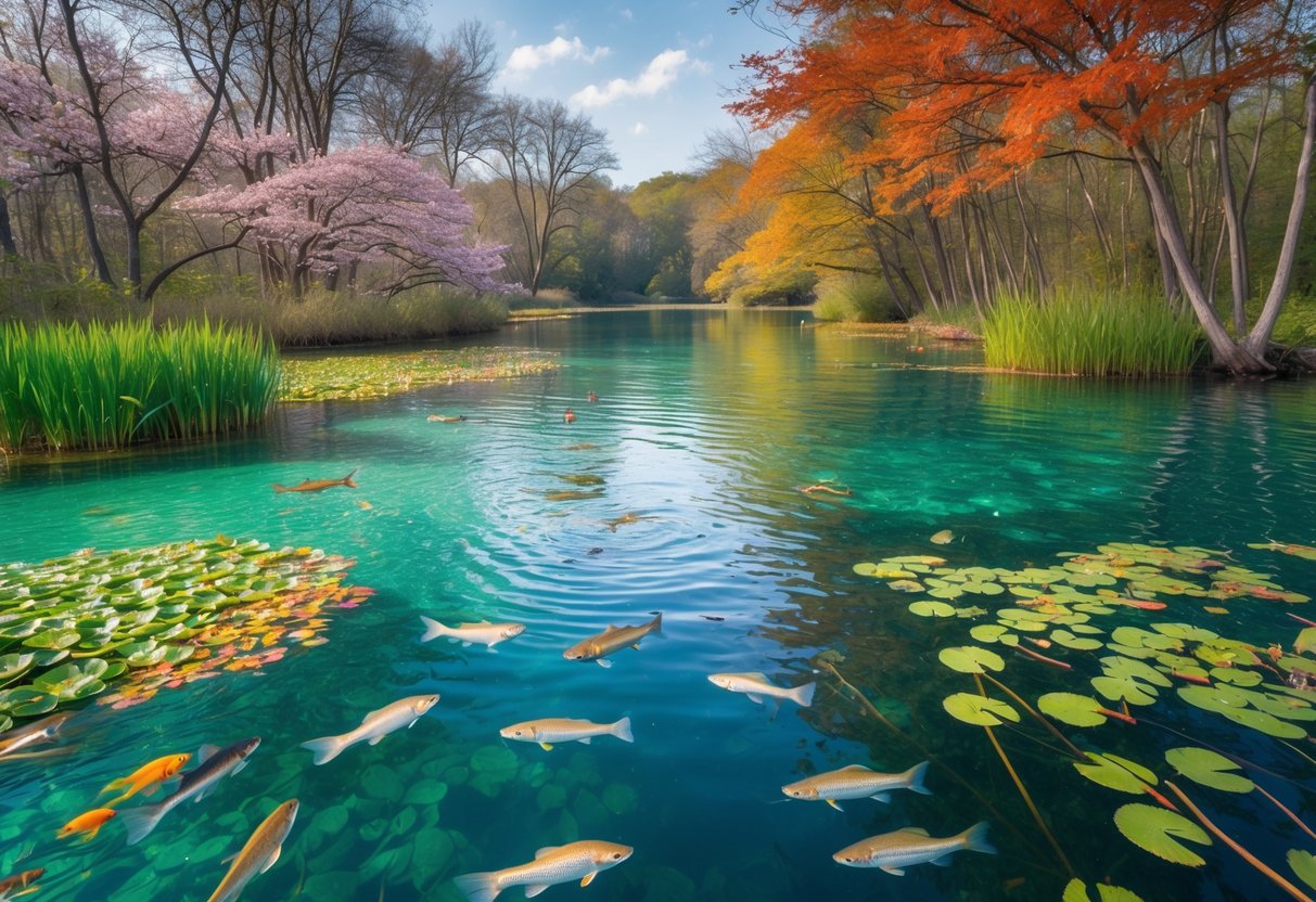 A clear freshwater lake showing fish swimming among plants with visible seasonal changes in the surrounding trees and underwater vegetation.