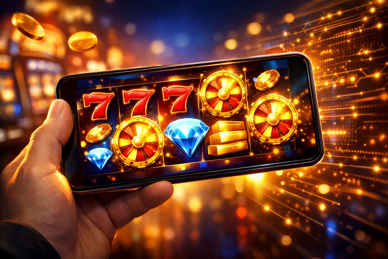 A Hand Holding A Smartphone Showing A Colorful Slot Game With Golden Wheels And Sevens Spinning On The Screen.