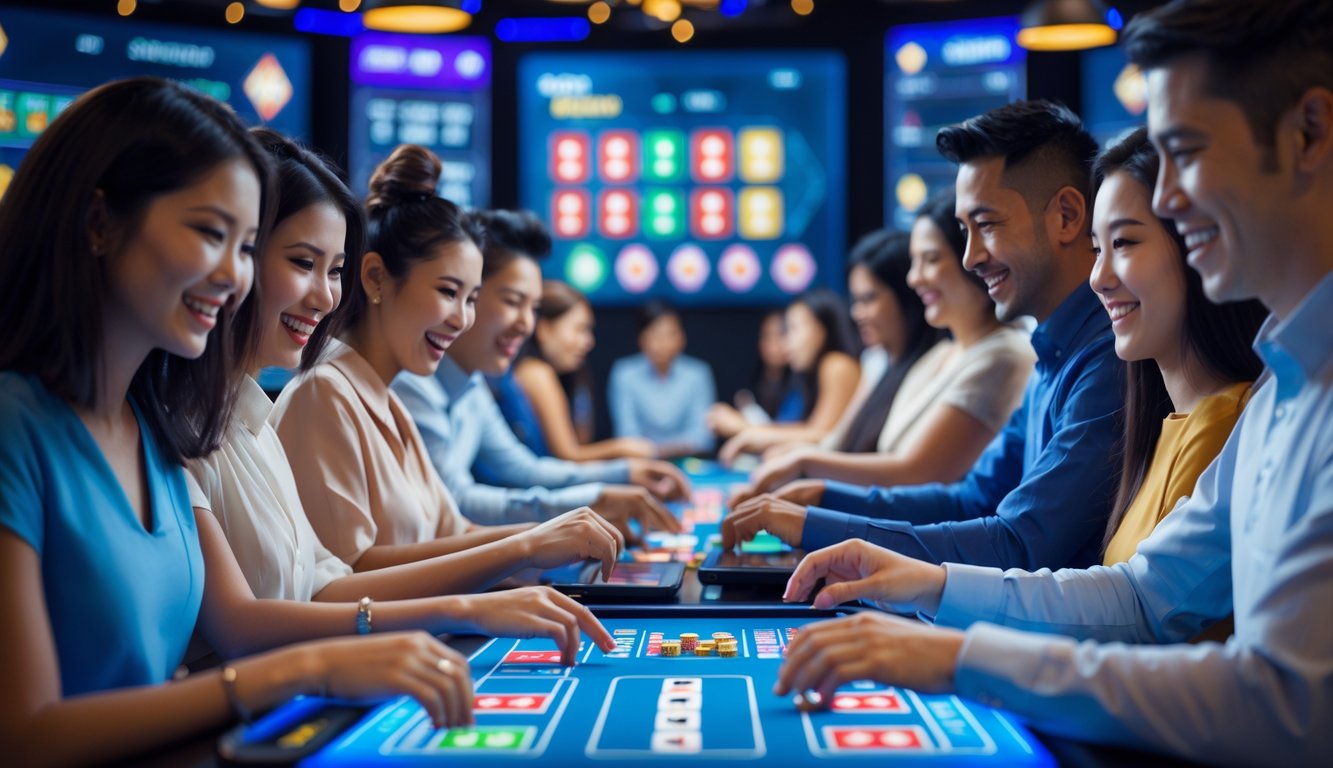 Sekelompok orang bermain permainan kartu Badugi secara online menggunakan perangkat digital di lingkungan kasino online yang modern dan ramai.