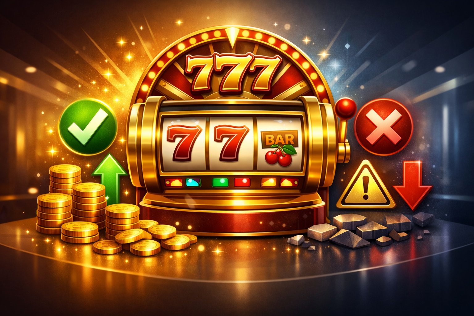 A Golden Slot Machine With Positive Symbols On One Side And Caution Symbols On The Other, Representing Pros And Cons.