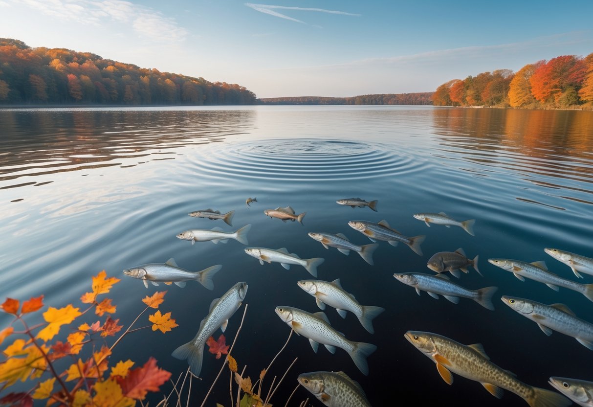 A calm lake surrounded by colorful autumn trees with fish swimming beneath the water surface.