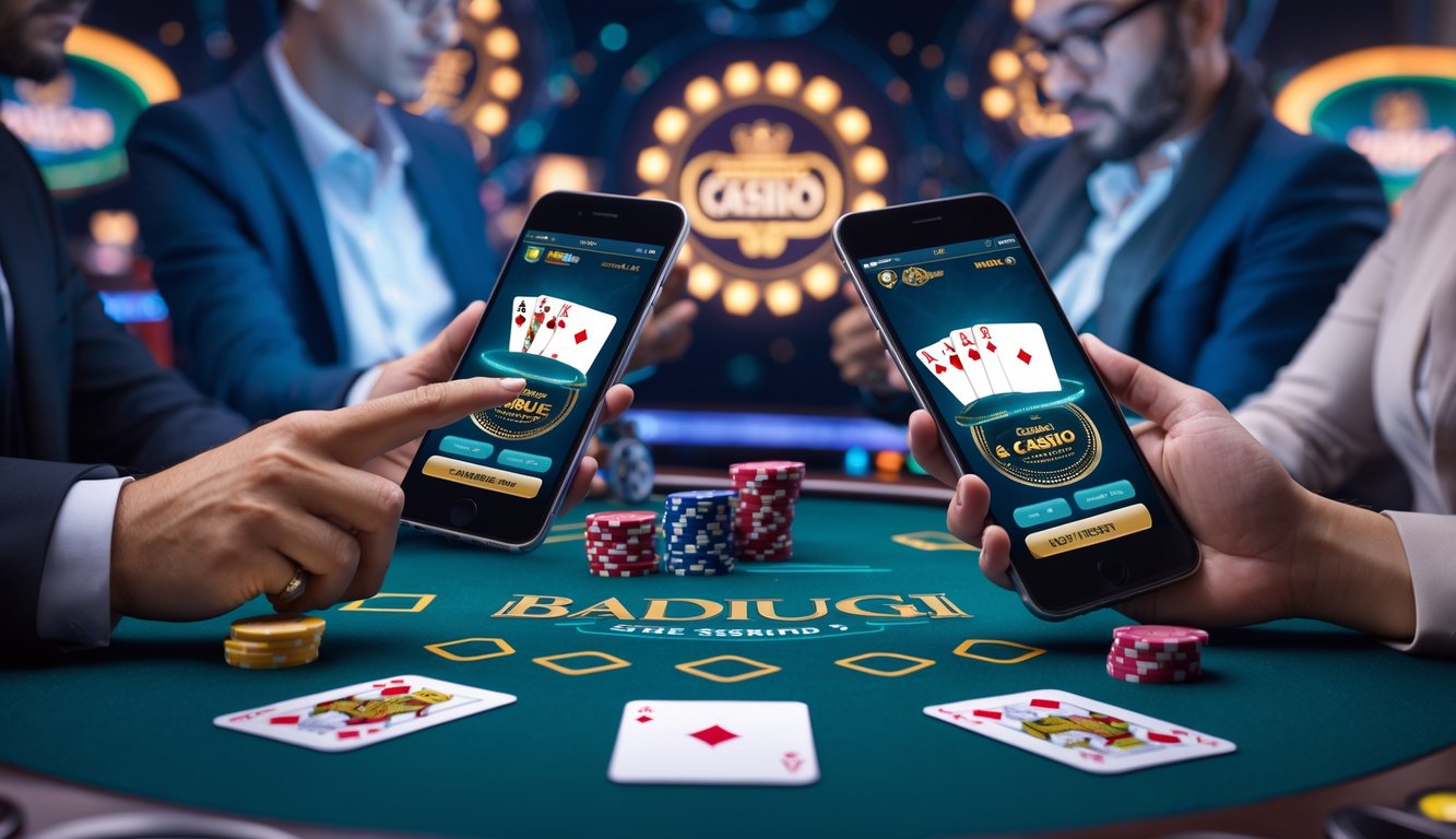 Beberapa orang menggunakan ponsel dan tablet untuk bermain permainan kasino online Badugi dalam suasana modern dan profesional.
