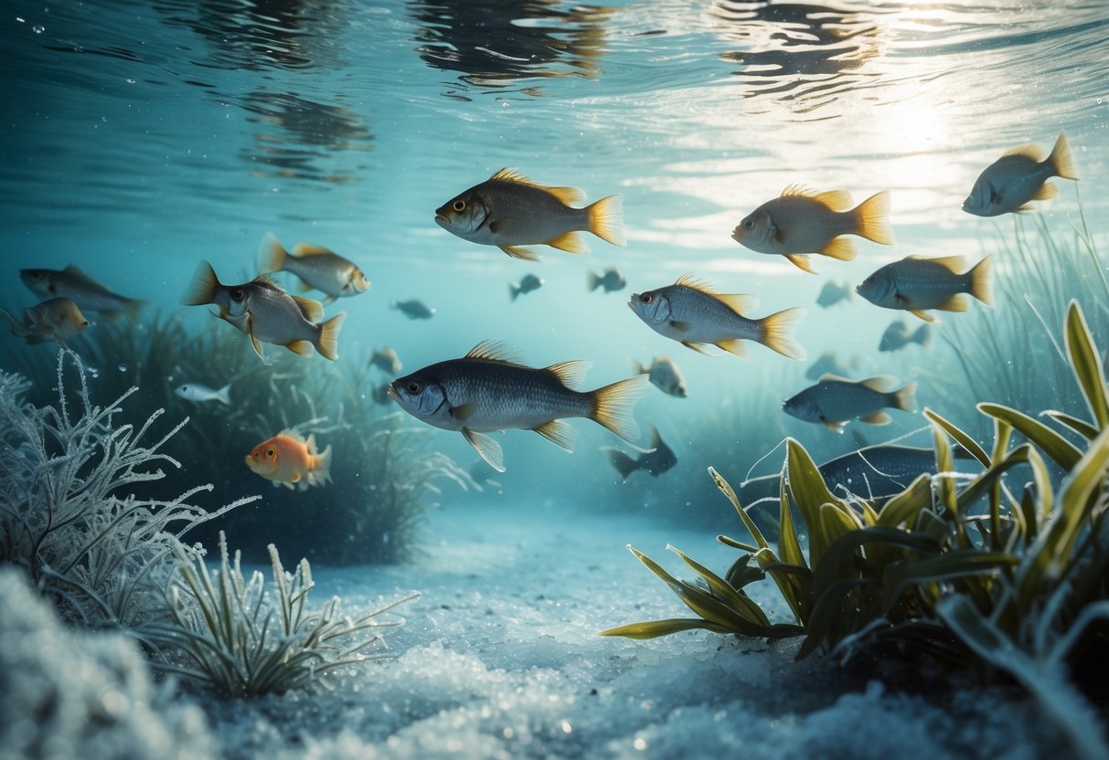 Underwater scene showing fish swimming slowly near icy water with aquatic plants in a winter setting.