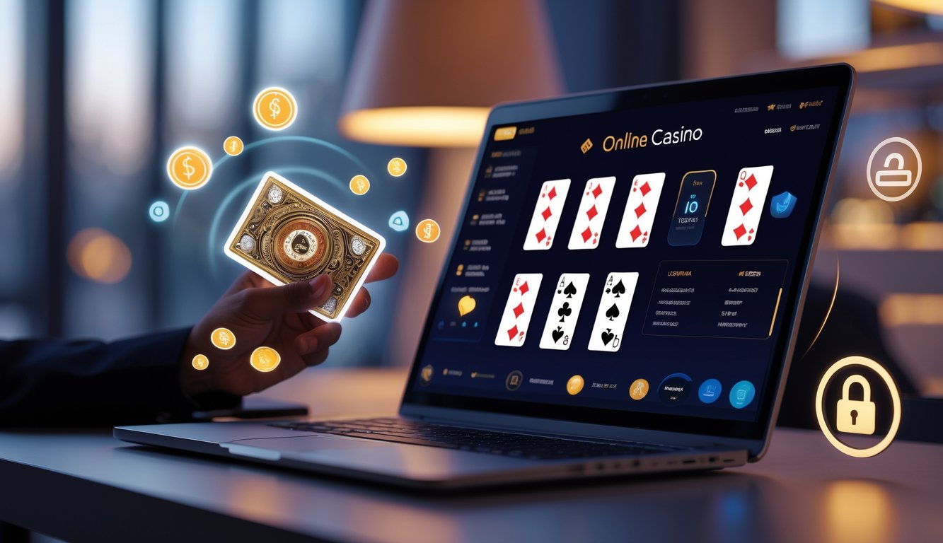 Seorang agen kasino online sedang bekerja di depan laptop dengan tampilan permainan kartu Badugi dan simbol transaksi cepat dan aman di sekitarnya.