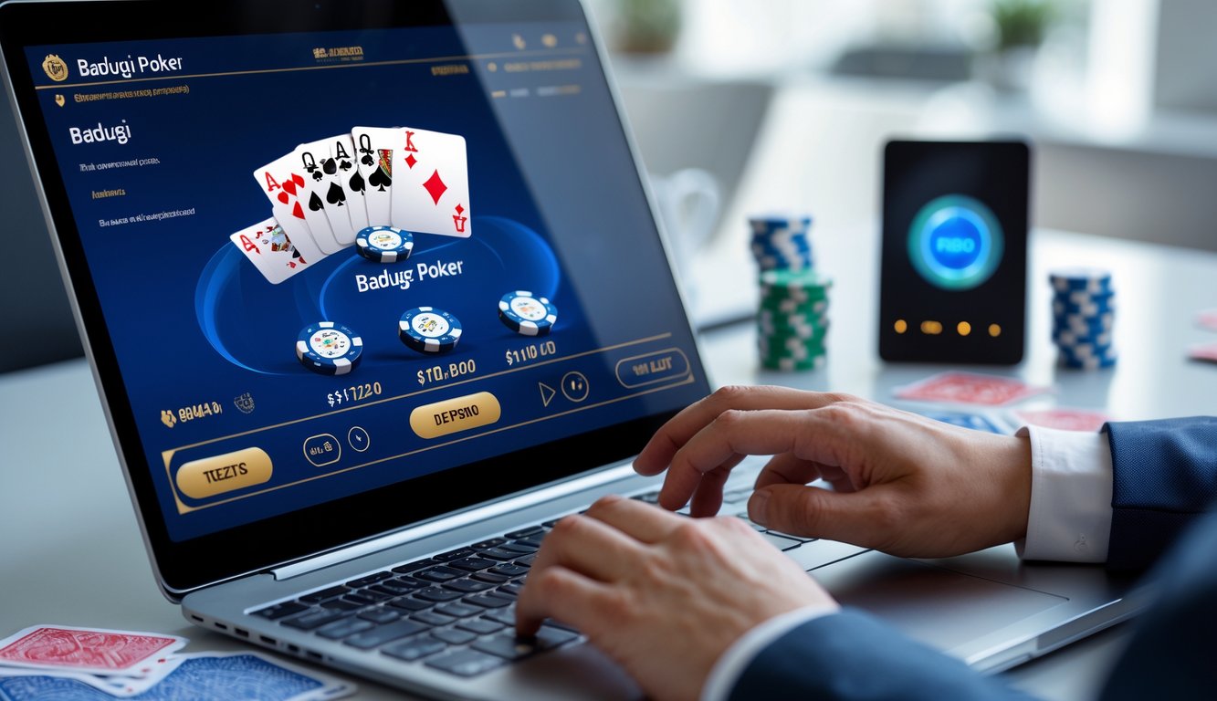 Seorang pria atau wanita menggunakan laptop di meja kerja dengan tampilan permainan kartu Badugi di layar, menunjukkan suasana kasino online yang aman dan profesional.