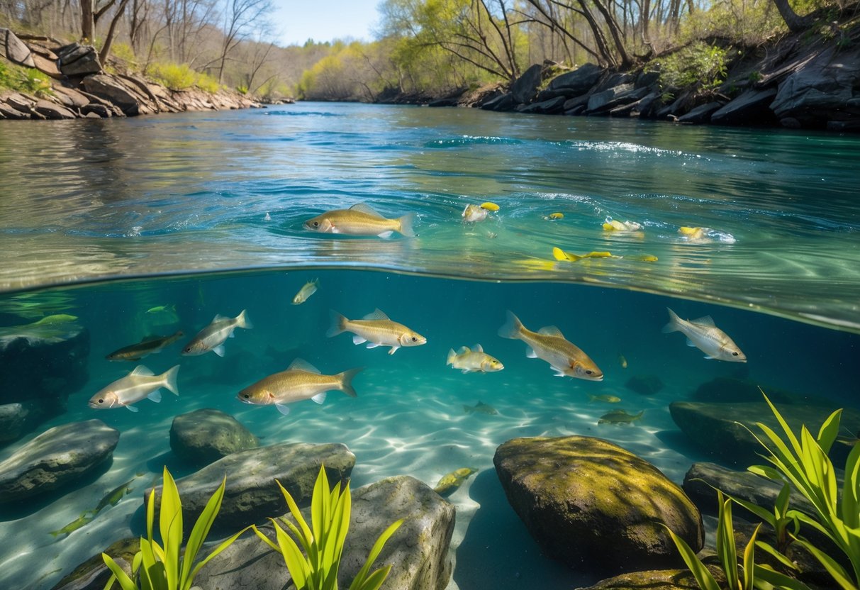Underwater scene of fish swimming and spawning in a clear freshwater river during spring with plants and rocks visible.