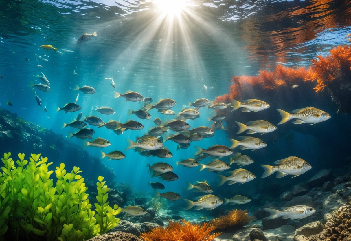 Underwater scene showing a school of fish swimming among aquatic plants and rocks, illustrating seasonal changes in their environment.