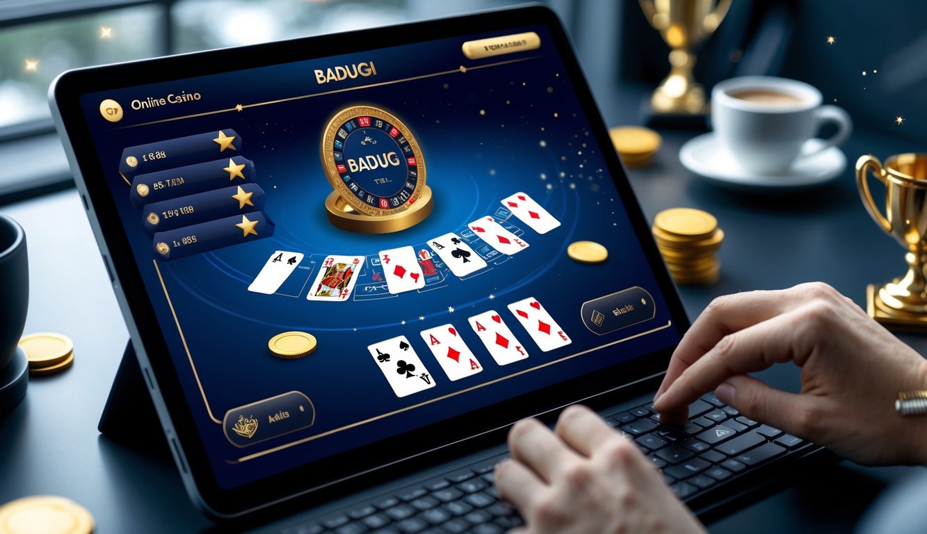 Layar komputer menampilkan permainan kartu Badugi online dengan chip dan kartu, di meja kerja modern dengan suasana profesional.