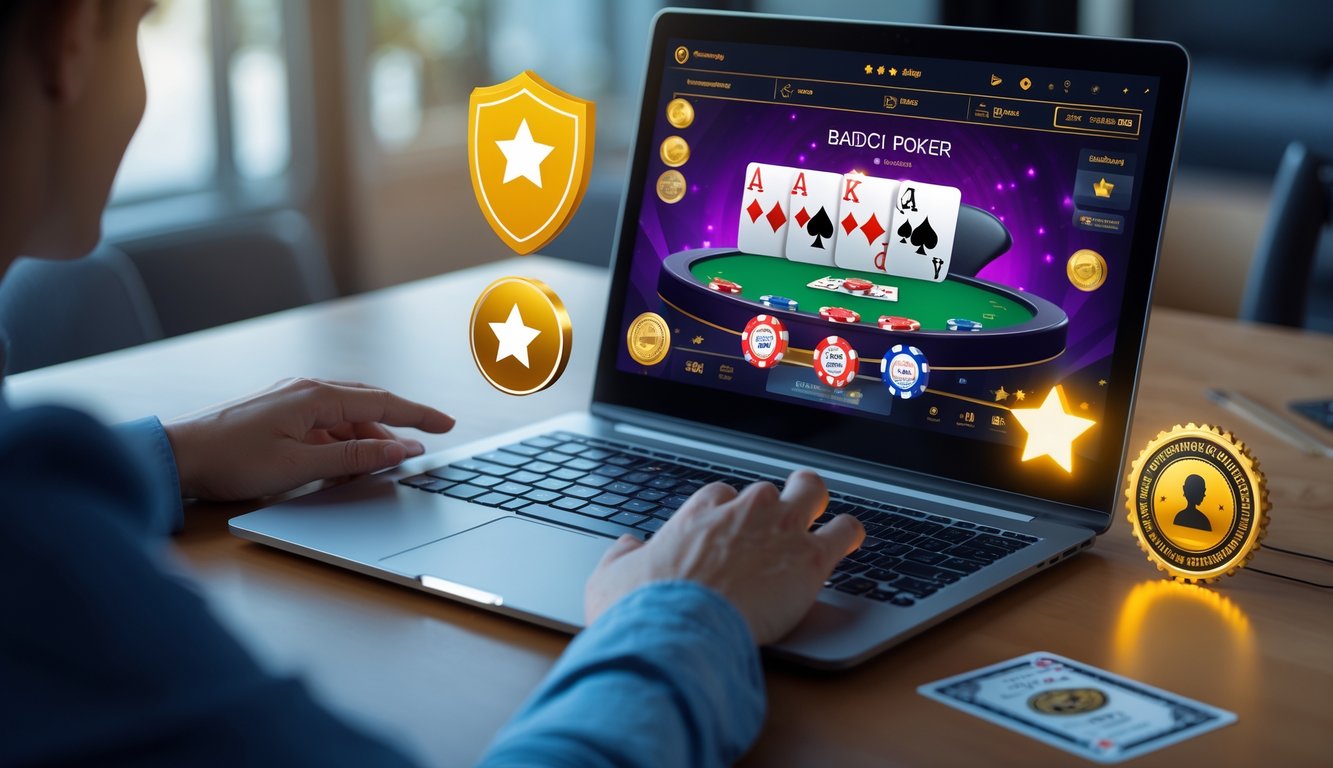 Seseorang menggunakan komputer dengan tampilan permainan Badugi poker online dan simbol keamanan serta peringkat bintang di latar belakang.