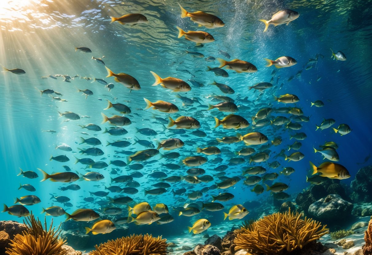 A school of fish swimming closely together underwater near coral and aquatic plants, showing social and schooling behavior in a natural environment.