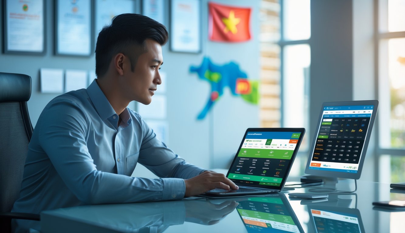 Seorang agen taruhan olahraga online yang percaya diri duduk di kantor modern dengan perangkat digital, menunjukkan suasana profesional dan dapat dipercaya.