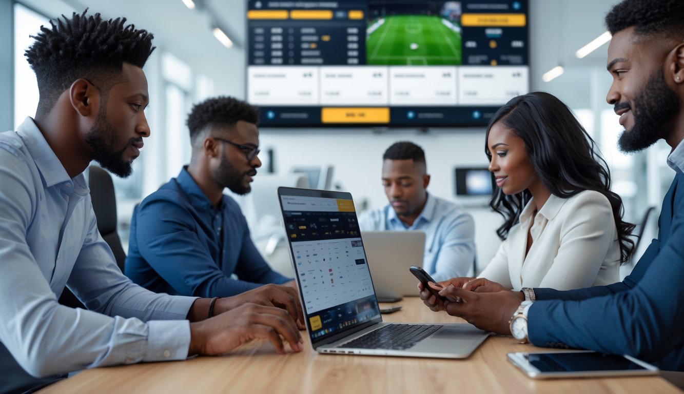 Sekelompok orang di kantor modern menggunakan komputer dan ponsel untuk aktivitas taruhan bola online dengan suasana profesional dan aman.