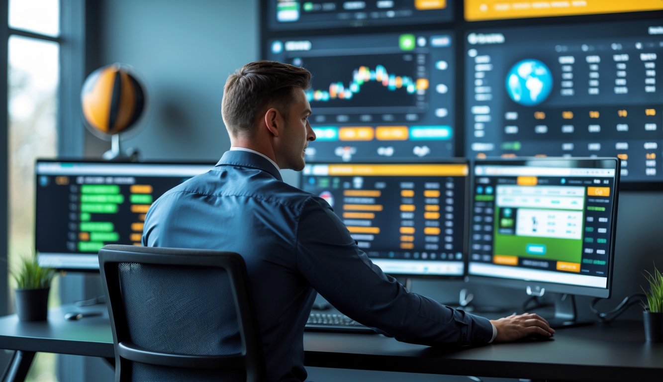 Seorang agen taruhan bola online yang percaya diri sedang bekerja di kantor modern dengan beberapa layar komputer menampilkan pertandingan olahraga dan peluang taruhan.