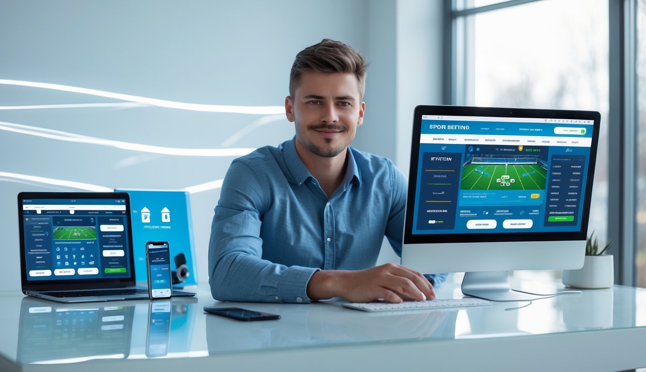 Seorang pria muda duduk di meja dengan laptop dan ponsel, menggunakan layanan taruhan olahraga online yang cepat dan terpercaya.