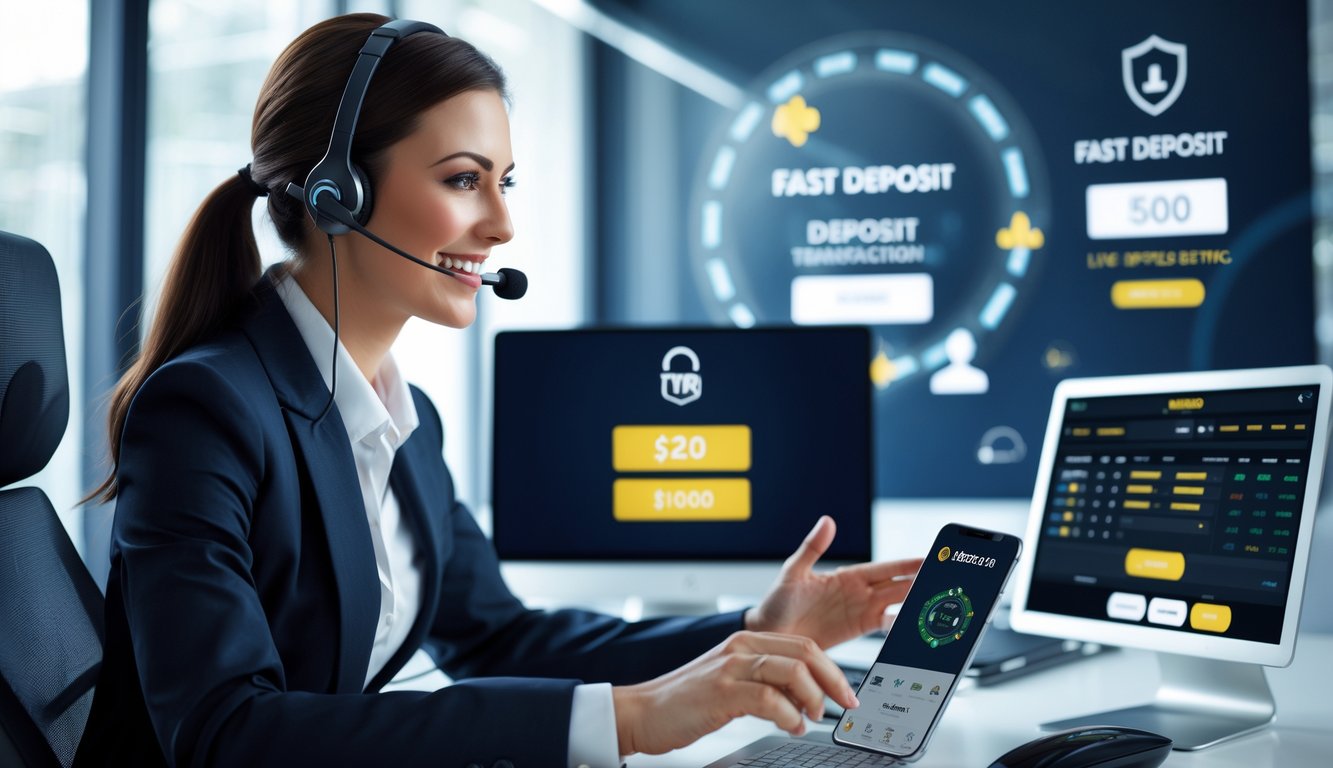 Seorang agen layanan pelanggan profesional sedang berbicara dengan klien di depan komputer dengan perangkat digital yang menampilkan layanan deposit cepat dan taruhan olahraga online.