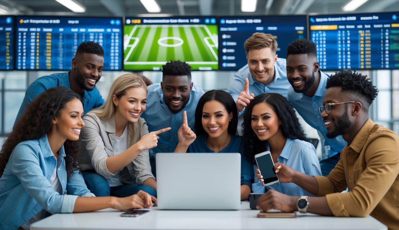 Sekelompok orang sedang menggunakan laptop dan ponsel untuk taruhan bola online di kantor modern.