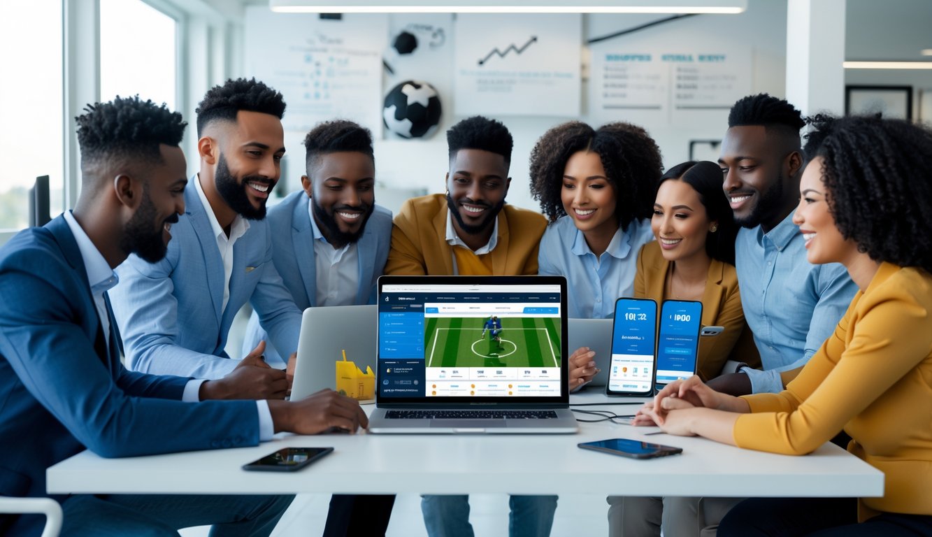 Sekelompok orang yang percaya diri sedang bekerja bersama di ruang kerja modern dengan perangkat digital menampilkan pertandingan sepak bola dan aplikasi taruhan online.