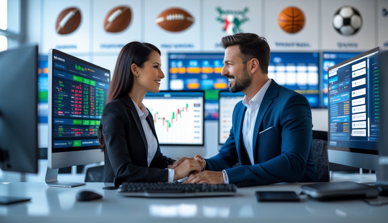 Dua orang profesional bekerja bersama di depan beberapa layar komputer yang menampilkan data taruhan olahraga dalam kantor modern.