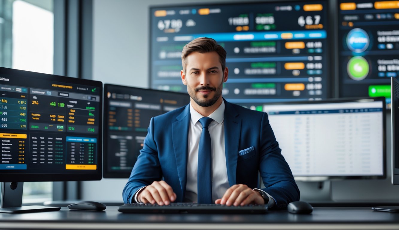 Seorang pria percaya diri duduk di meja modern dengan beberapa layar komputer menampilkan data taruhan olahraga dan statistik pertandingan secara langsung.