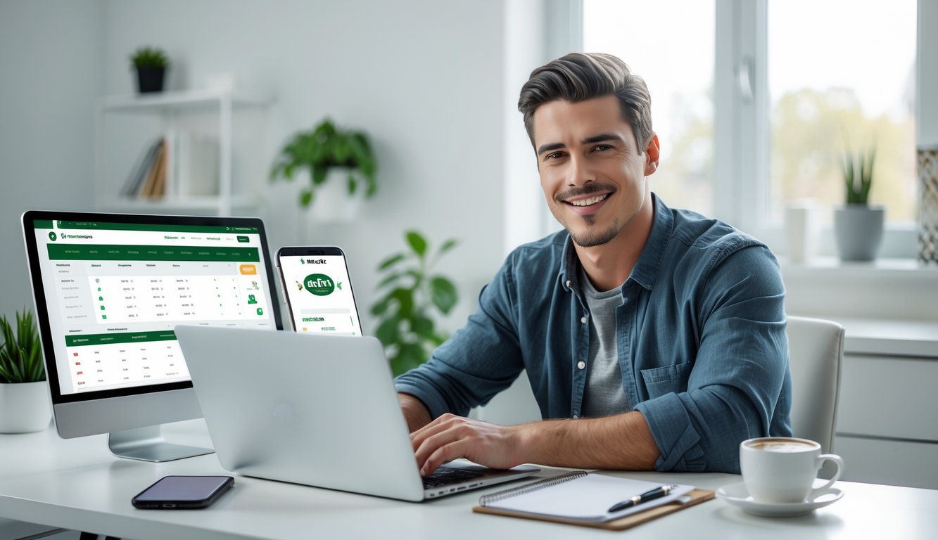 Seorang pria muda duduk di meja dengan laptop terbuka menampilkan situs taruhan olahraga, di ruang kerja rumah yang terang dan rapi.