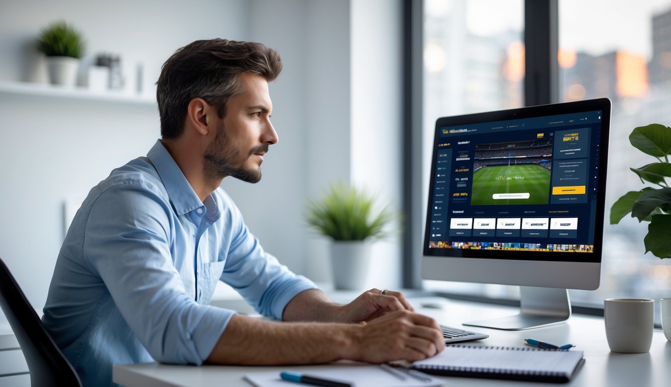 Seorang pria muda duduk di meja kerja dengan laptop terbuka menampilkan situs taruhan olahraga, tampak fokus dan serius dalam suasana kantor rumah yang terang.