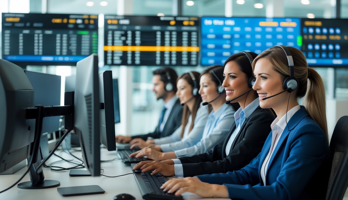 Tim layanan pelanggan sedang bekerja di kantor modern dengan layar komputer menampilkan data taruhan olahraga online.