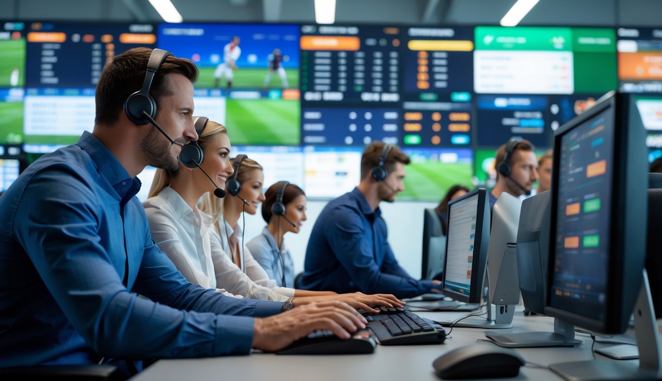 Tim layanan pelanggan sedang bekerja di pusat layanan dengan layar menampilkan pertandingan olahraga dan data taruhan secara real-time.