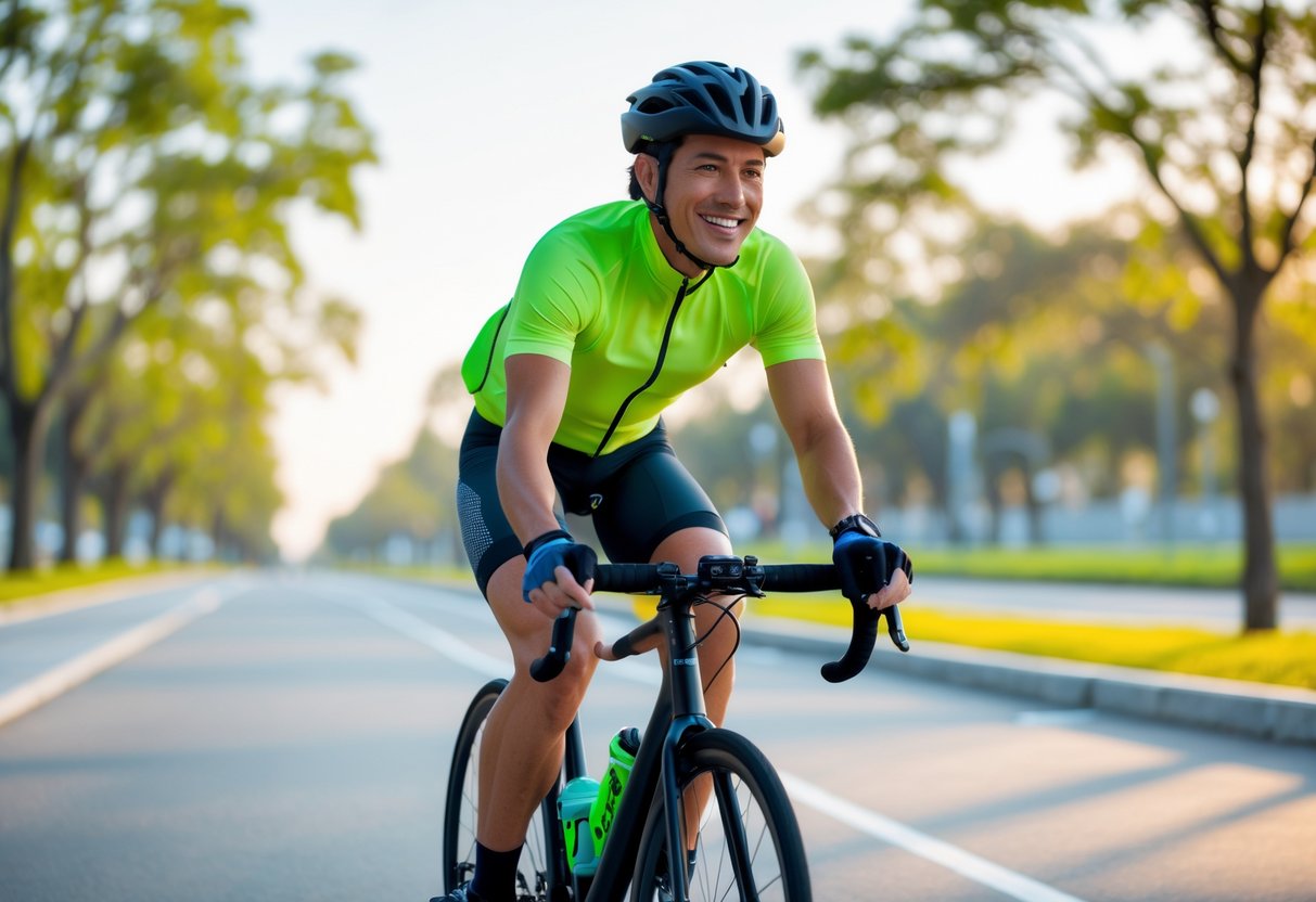A cyclist wearing a helmet and bright clothing rides a bike on a tree-lined urban path during the day.