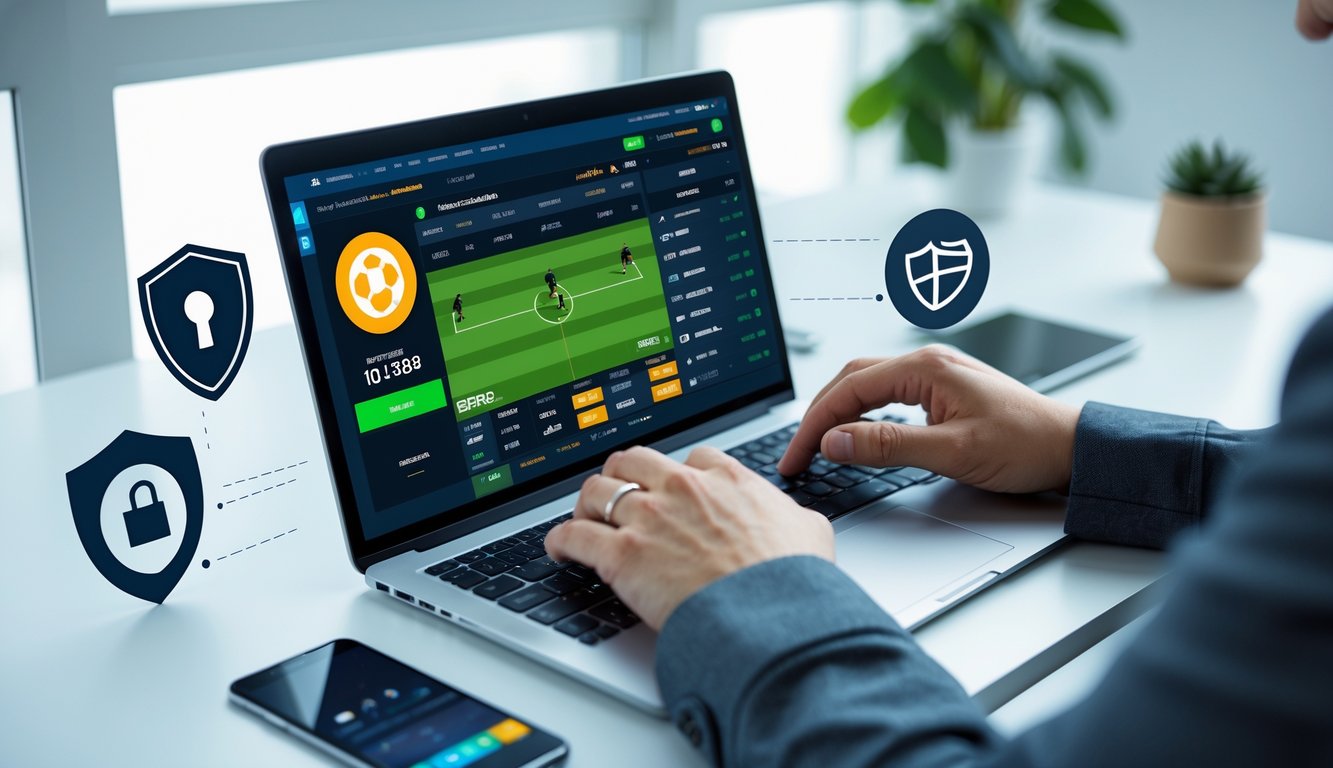 Seseorang menggunakan laptop dengan tampilan situs taruhan bola online yang menampilkan pertandingan sepak bola dan simbol keamanan di latar belakang.