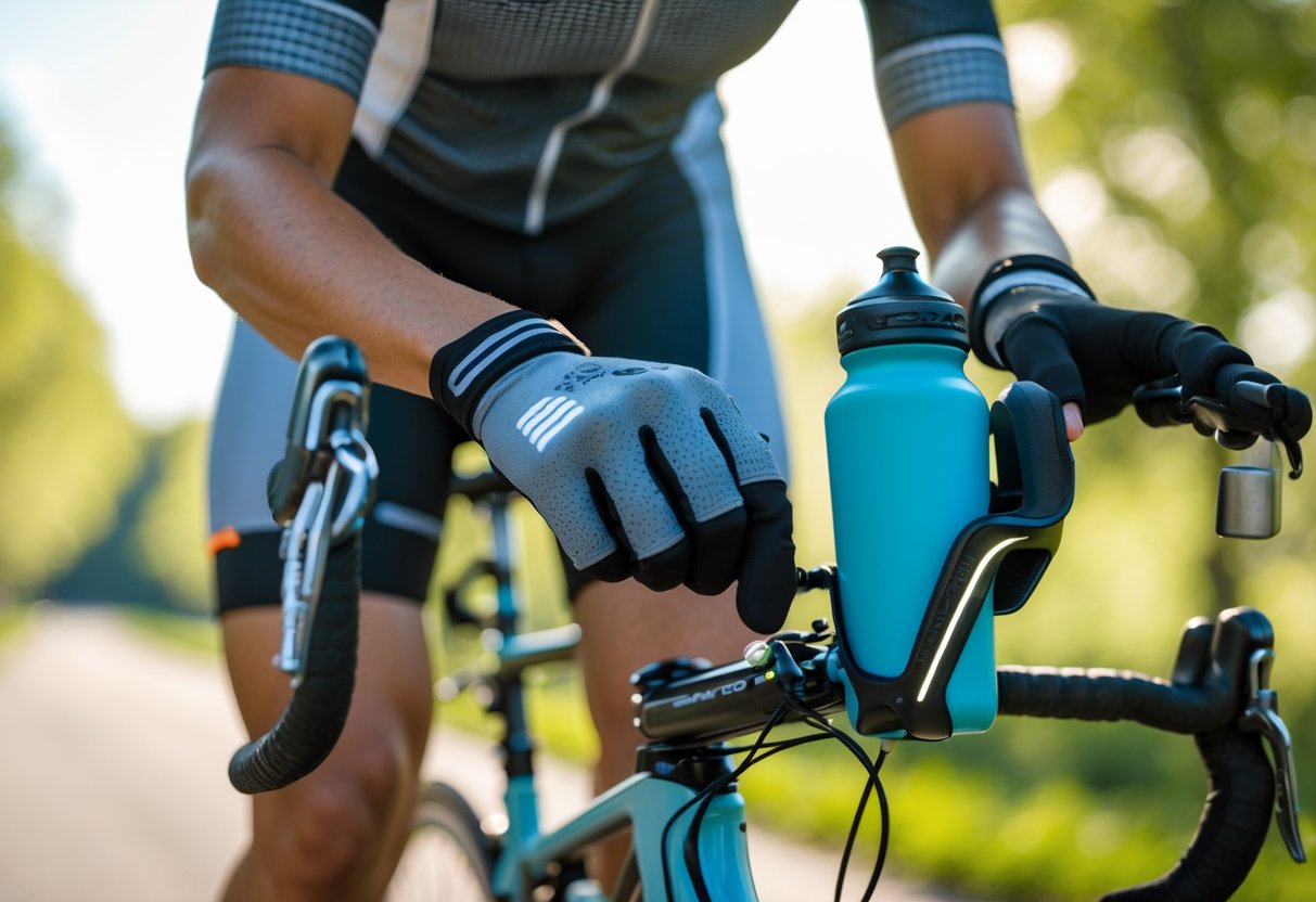Close-up of a cyclist wearing a helmet, gloves, and a cycling jersey, adjusting their gear beside a bicycle on a sunny bike path.