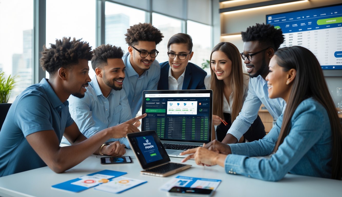 Sekelompok orang muda sedang berdiskusi di sekitar laptop di kantor modern dengan layar menampilkan statistik taruhan olahraga.